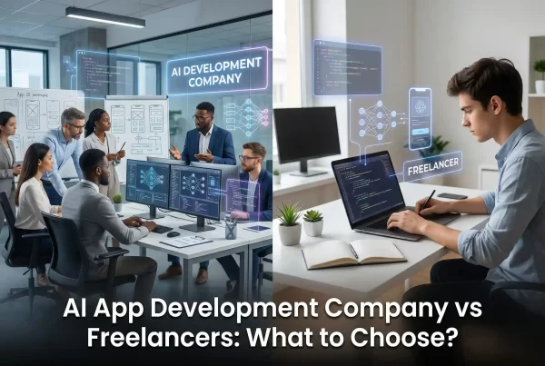 AI App Development Company A split-screen comparison showing a professional AI development team in a modern corporate office on the left versus a solo freelancer working at a laptop in a minimal home office on the right. Both sides feature futuristic digital overlays of code, neural networks, and mobile app wireframes.
