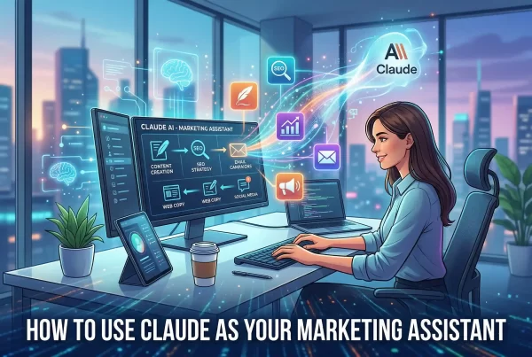 Featured image by Turnihi Tech Solutions for the 'How to Use Claude as Your Marketing Assistant' guide. A photorealistic office setting showing a digital marketer using a Claude AI interface with visible icons for SEO, Content Creation, and Web Design. The bold title is integrated into the bottom of the visual.