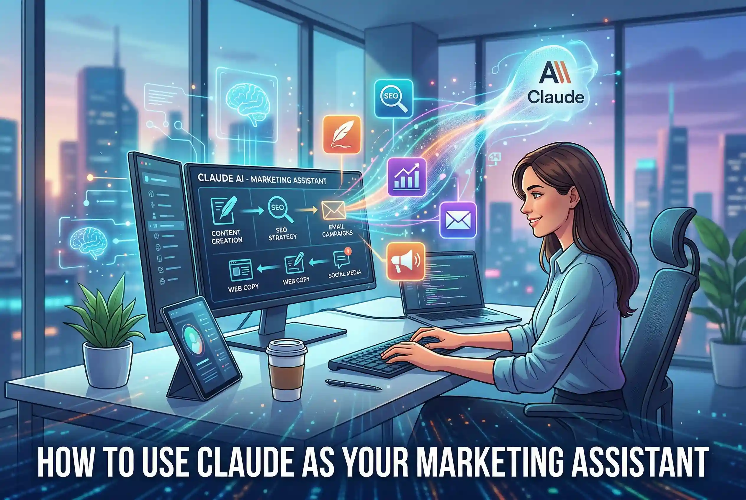 Featured image by Turnihi Tech Solutions for the 'How to Use Claude as Your Marketing Assistant' guide. A photorealistic office setting showing a digital marketer using a Claude AI interface with visible icons for SEO, Content Creation, and Web Design. The bold title is integrated into the bottom of the visual.