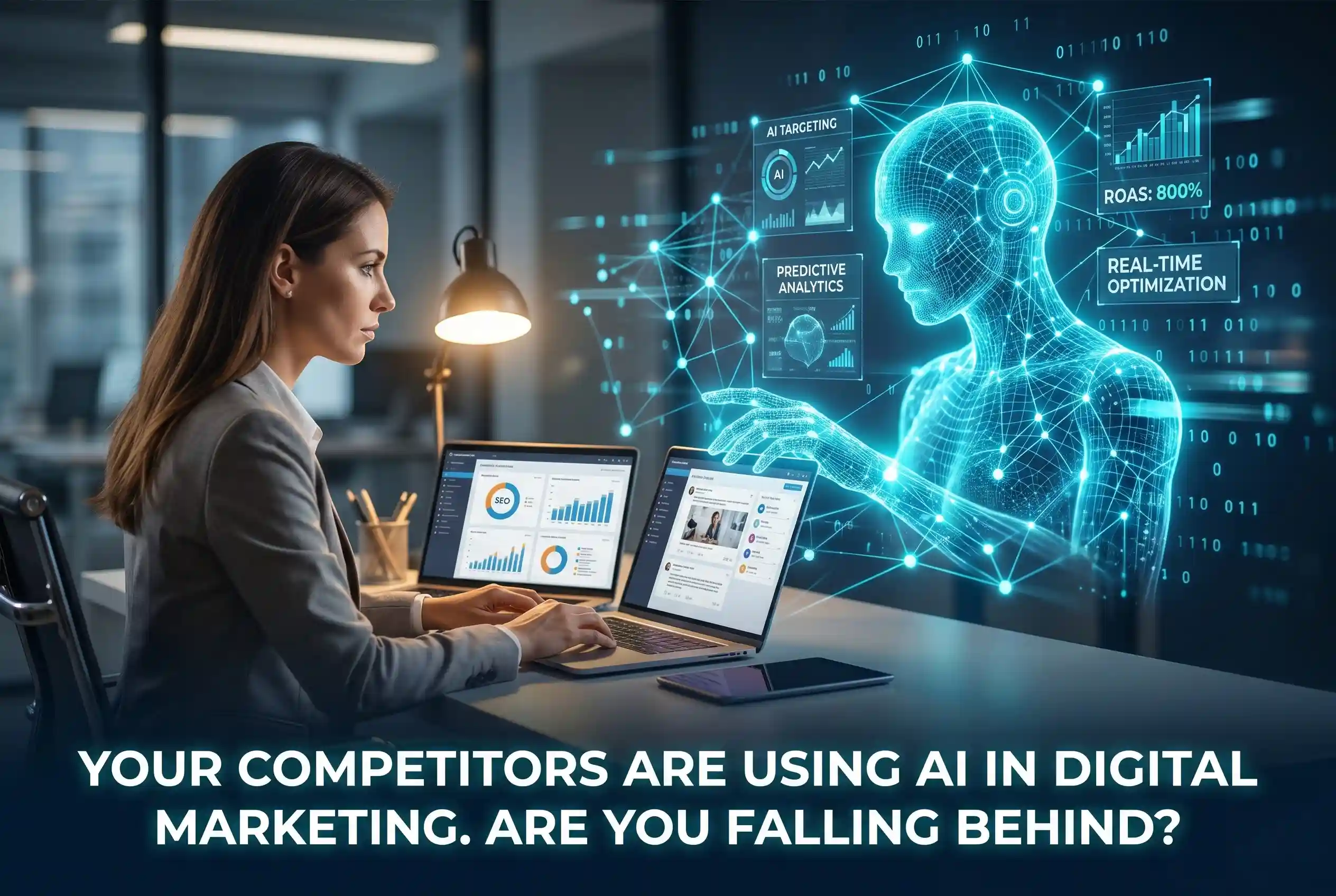 A professional featured image for a digital marketing blog showing a female marketer focused on her laptop screens while a glowing, blue AI hologram emerges to her right, displaying advanced data metrics and neural networks to symbolize AI-driven competition.