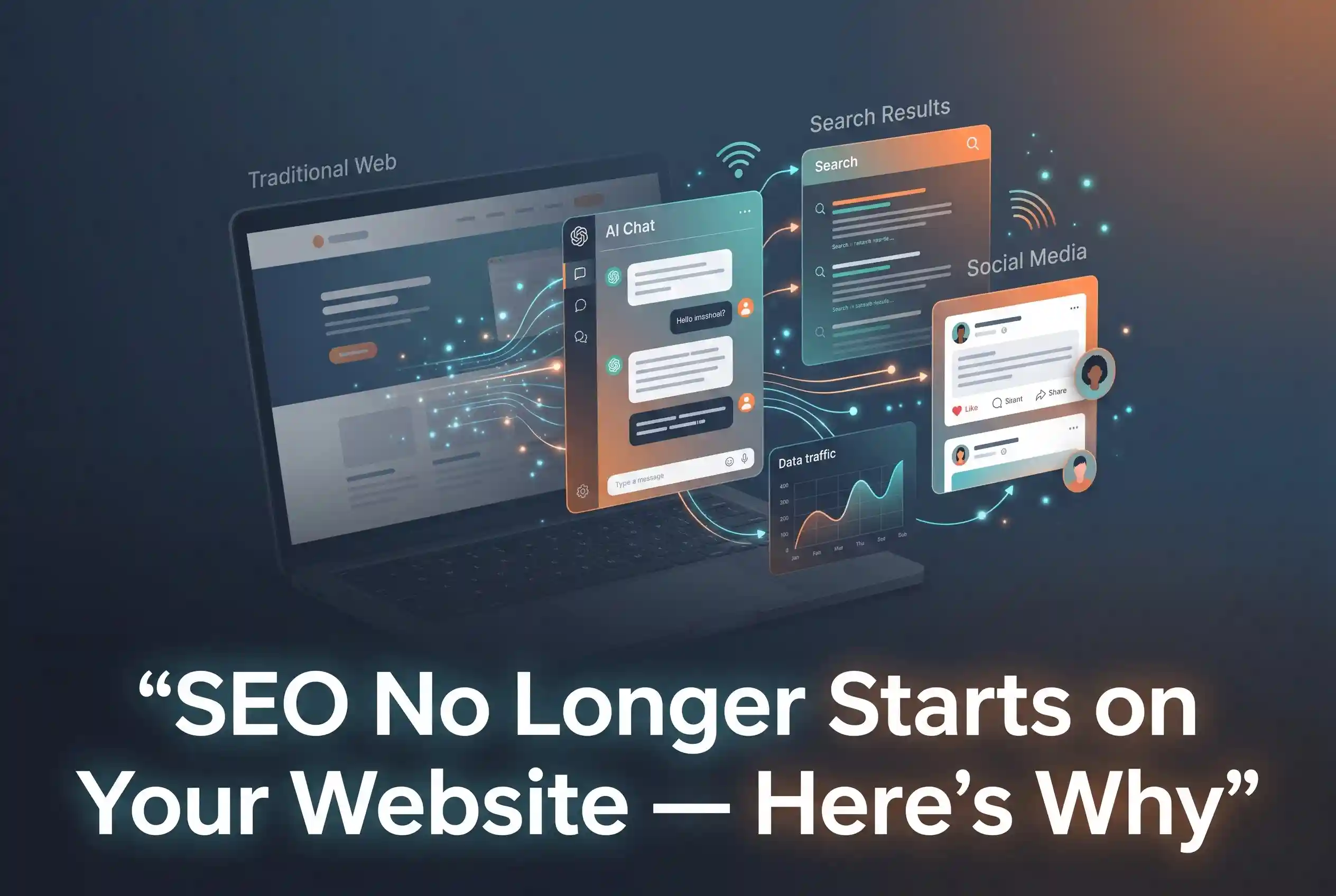 A digital marketing infographic showing that SEO is evolving beyond websites into an integrated ecosystem that includes AI chat interfaces, traditional search results, social media, and data traffic.