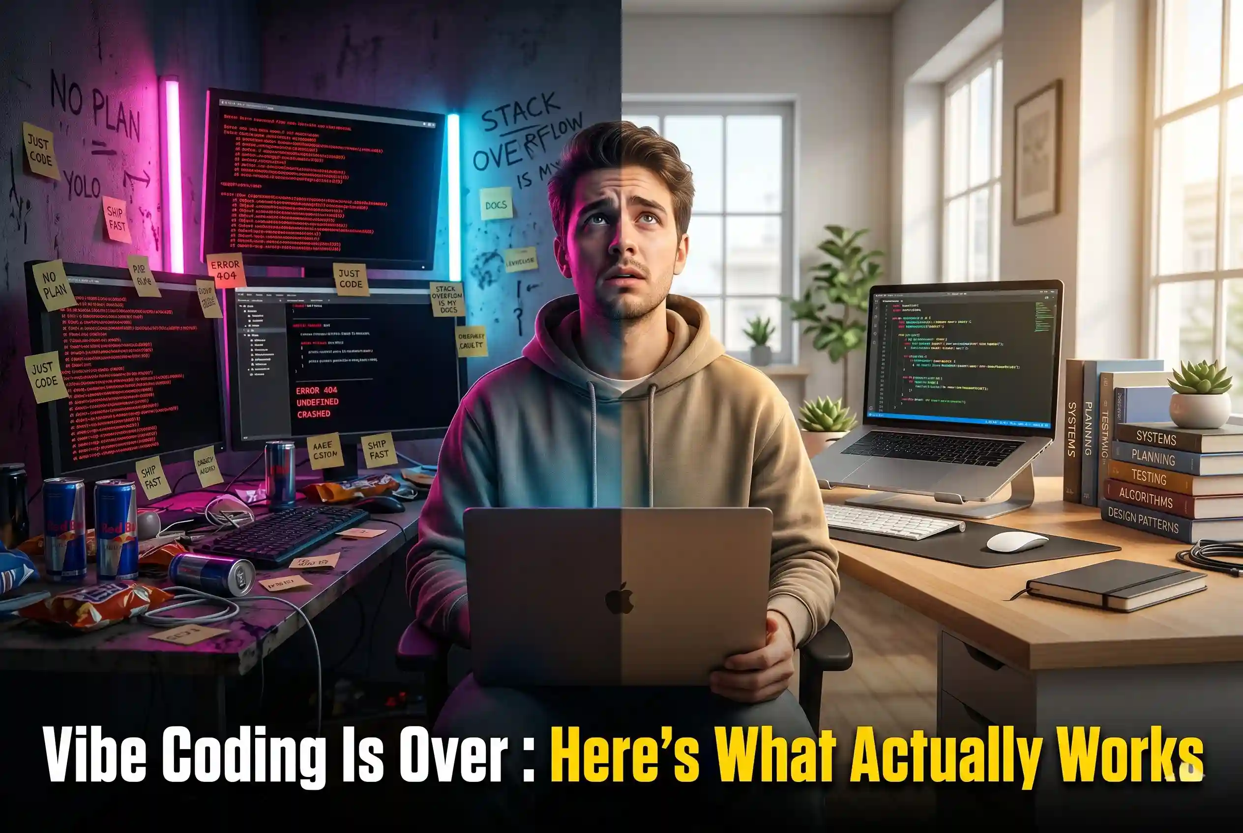 A cinematic YouTube thumbnail with a high-contrast split screen comparing two development styles. On the left, a chaotic vibe coding environment features a dark room with neon pink and blue lighting, messy desks with "no plan" sticky notes, and screens filled with code errors. On the right, a structured success side shows a bright, clean, and organized workspace with books on systems and planning. In the center, a young man sits at a laptop, his face split between the stressed lighting of the vibe coding side and the calm, warm light of the organized side. Bold text at the bottom reads, "Vibe Coding Is Over: Here's What Actually Works."