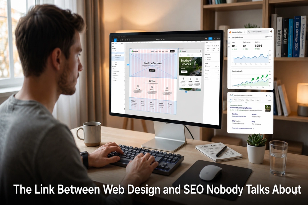 A professional workspace showing a web designer working on a modern website layout alongside an analytics dashboard, illustrating the critical link between Web design and SEO.