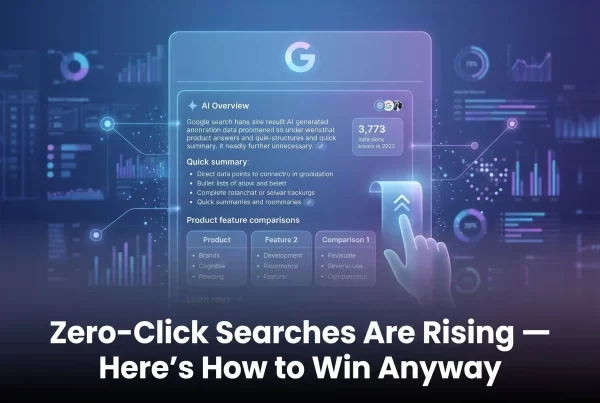 A futuristic digital marketing illustration featuring a glowing, translucent Google search interface with AI-generated answers and data visualizations. A holographic hand is shown scrolling through results without clicking. The bottom of the image features a dark gradient overlay with bold white text that reads, "Zero-Click Searches Are Rising — Here’s How to Win Anyway," representing the shift in user behavior toward zero click searches.