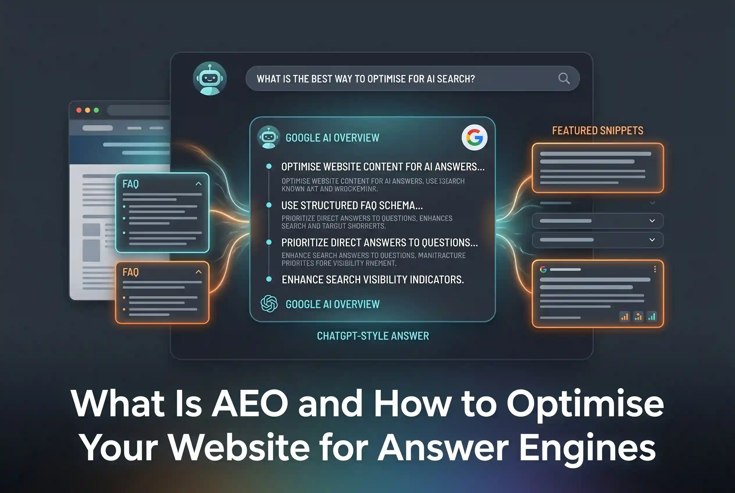 An infographic illustrating AEO (Answer Engine Optimization) strategies, featuring a mock-up of a Google AI Overview dashboard, structured FAQ schemas, and featured snippets layout text on a dark background.