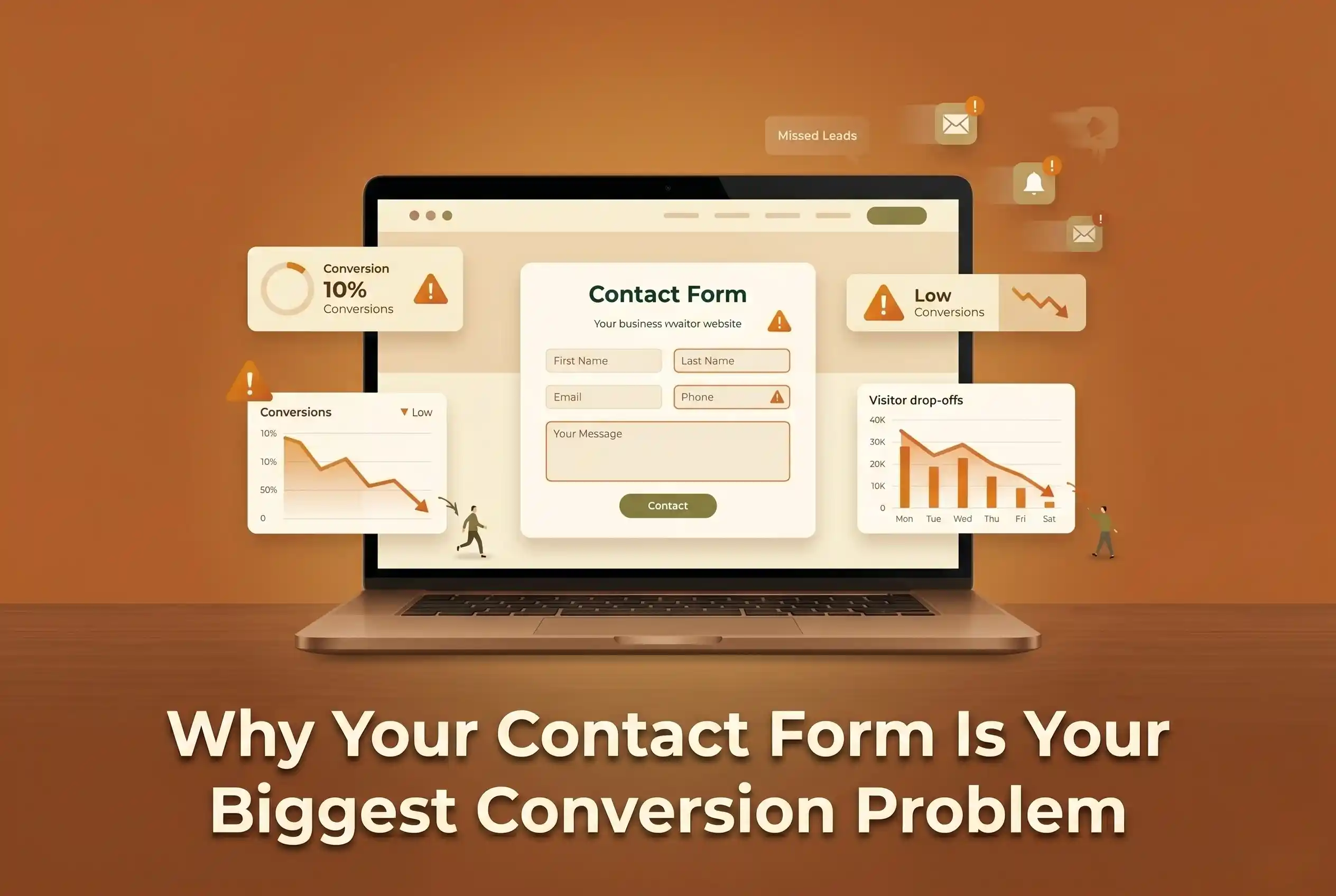Business website contact form with low conversion indicators and user drop-off visuals, representing common contact form issues that reduce leads and conversions.