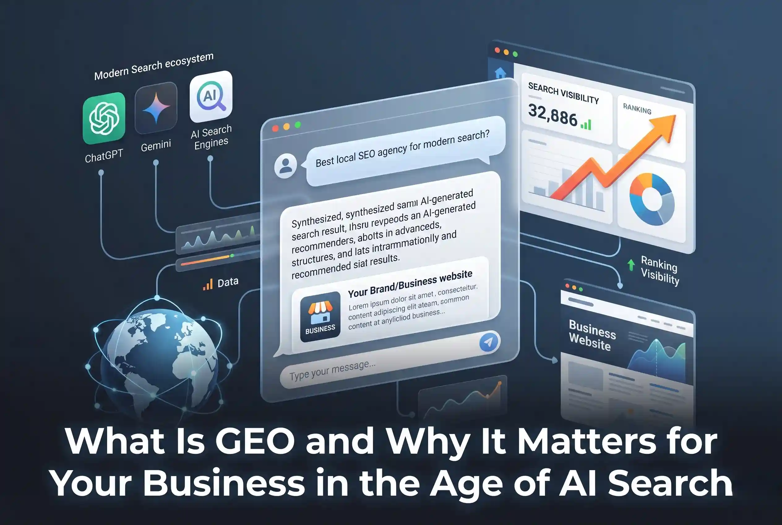 An infographic explaining GEO (Generative Engine Optimization) showing how brand websites get cited inside AI search tools like ChatGPT and Gemini alongside organic traffic and ranking graphs.