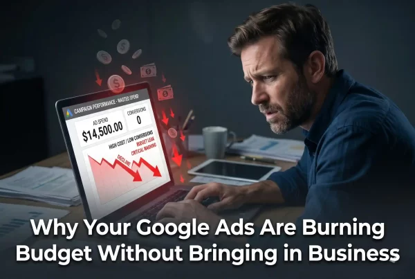 A frustrated business owner analyzing a Google Ads dashboard showing high spend with zero conversions and declining performance graphs, illustrating why Google Ads might burn budget without results.
