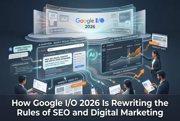 Google I_O 2026 An infographic detailing updates from Google I/O 2026 on how AI search is transforming digital marketing, featuring a stylized stage backdrop, complex question analysis, and website visibility analytics dashboards.