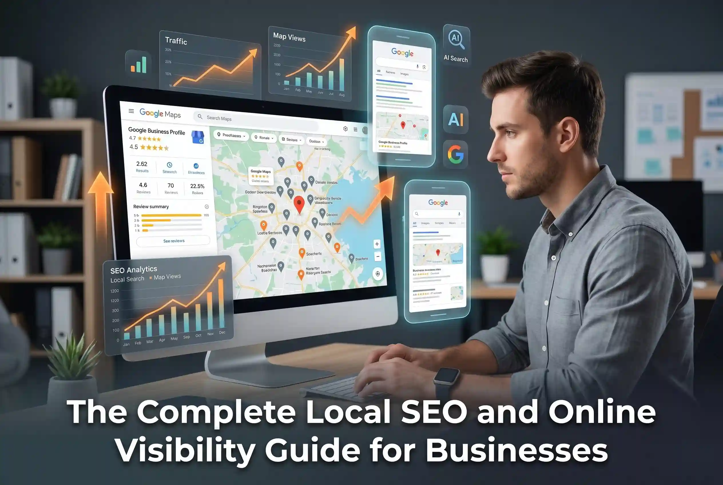 A digital marketer analyzing a local SEO dashboard displaying a Google Maps interface with location pins, Google Business Profile analytics, and upward traffic growth charts.