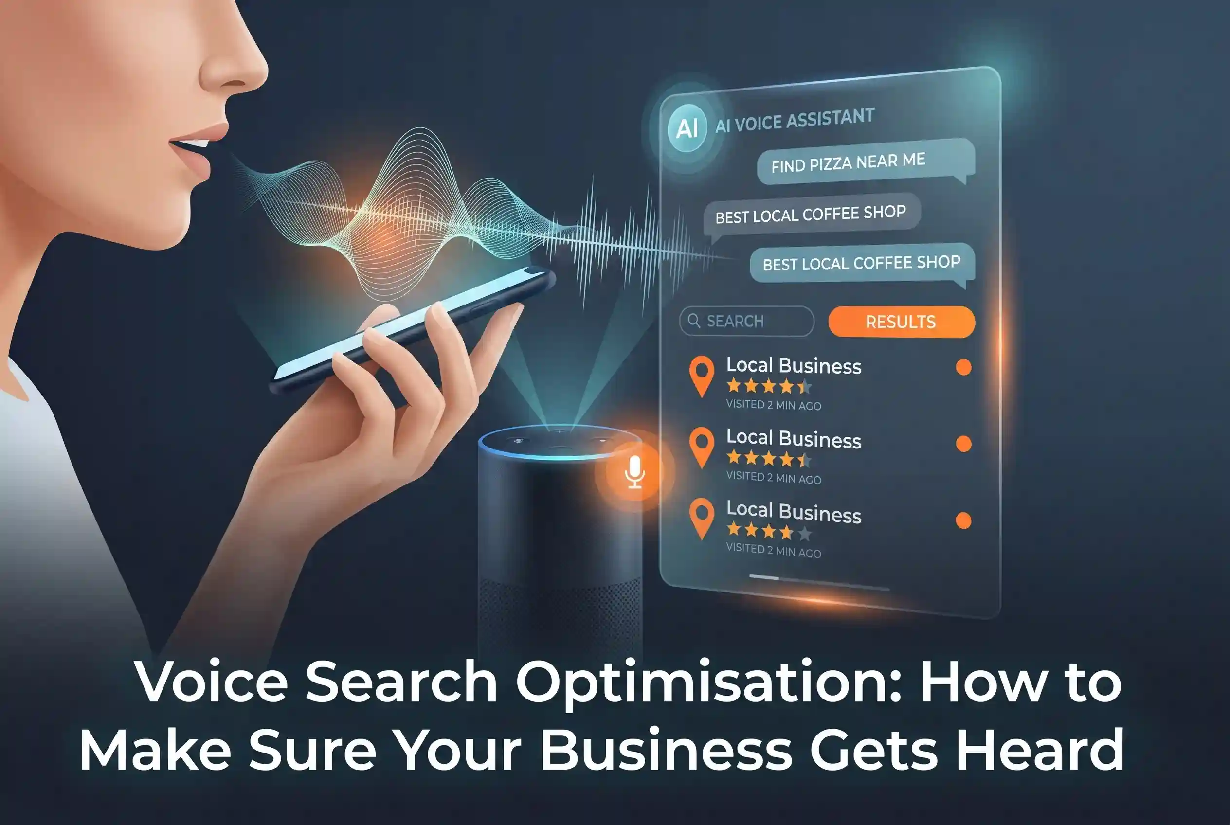 An infographic for Voice Search Optimisation showing a person speaking into a smartphone, with sound waves leading to a smart speaker and a transparent digital dashboard displaying local AI voice assistant search results