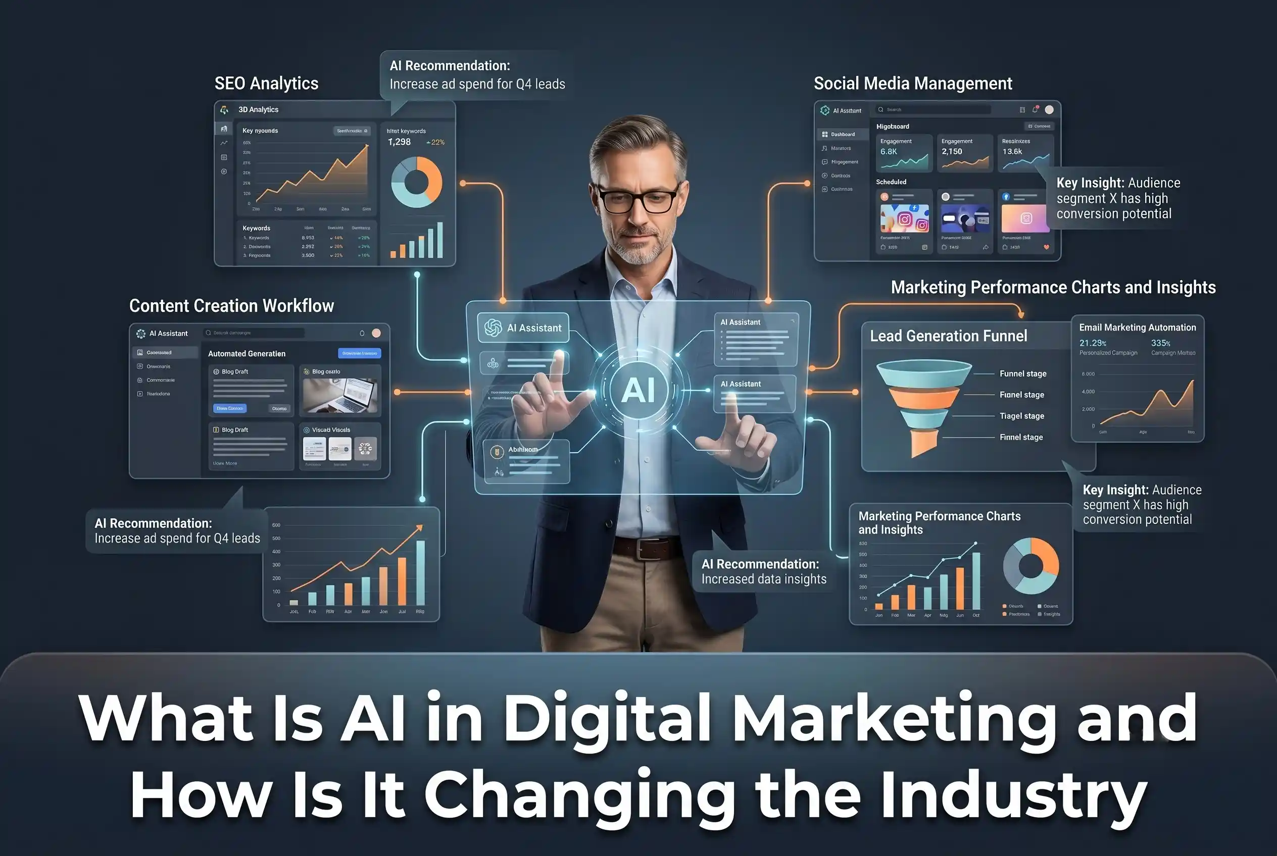 AI-powered digital marketing ecosystem showing SEO analytics, content creation, social media management, lead generation, and marketing automation tools connected through artificial intelligence to improve business growth and marketing performance.