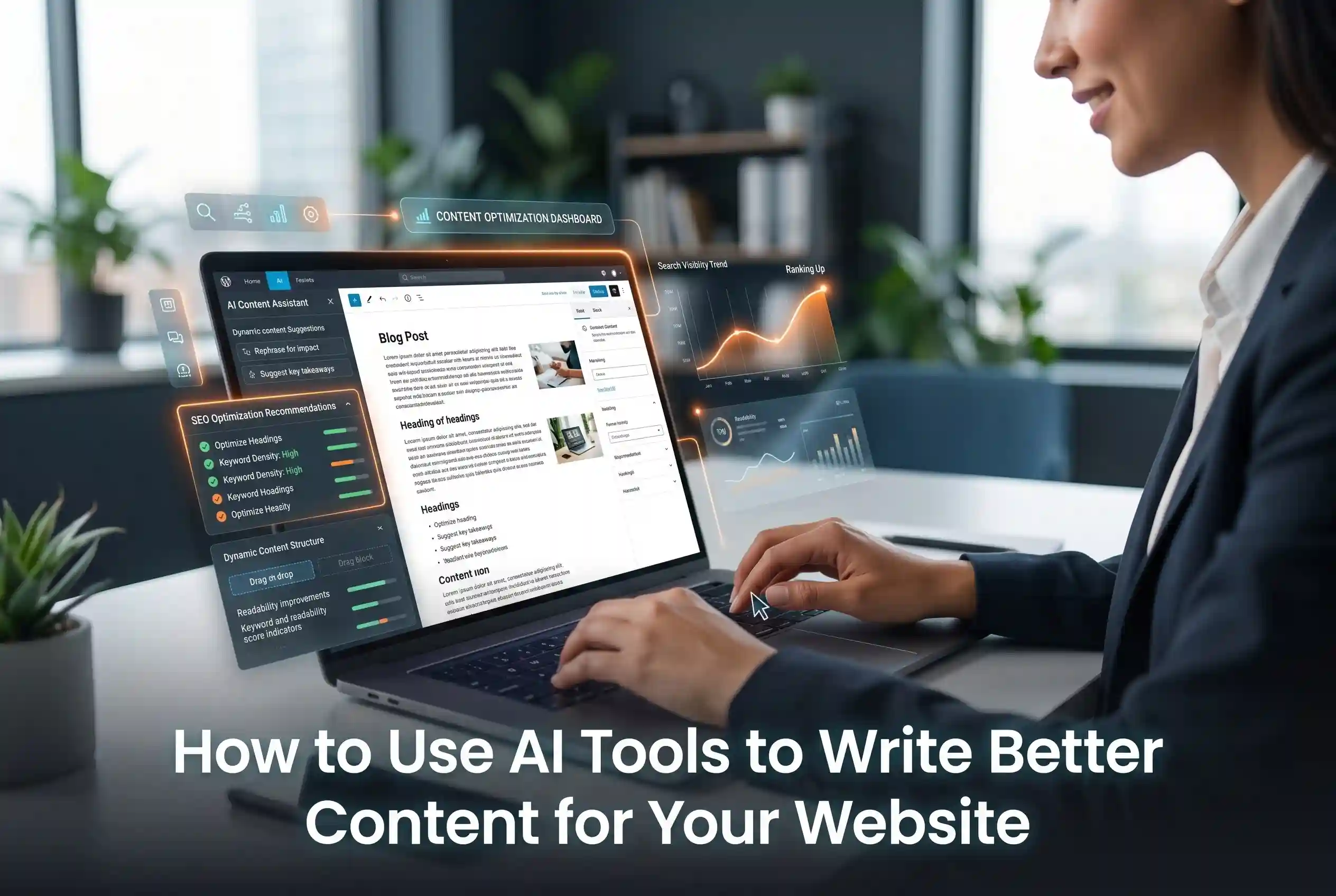AI tools helping a marketer create and optimize website content with SEO recommendations, keyword insights, and content writing assistance.