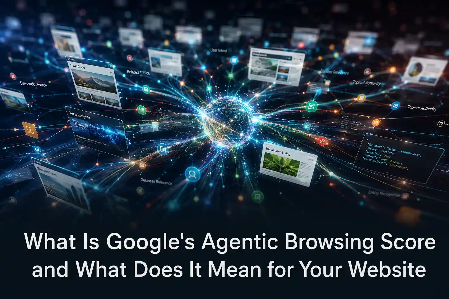 Hyper-realistic visualization of the Agentic Browsing Score concept showing interconnected websites, semantic search, and AI-driven content discovery. Digital network illustrating how the Agentic Browsing Score represents AI reasoning, website evaluation, and intelligent search navigation.
