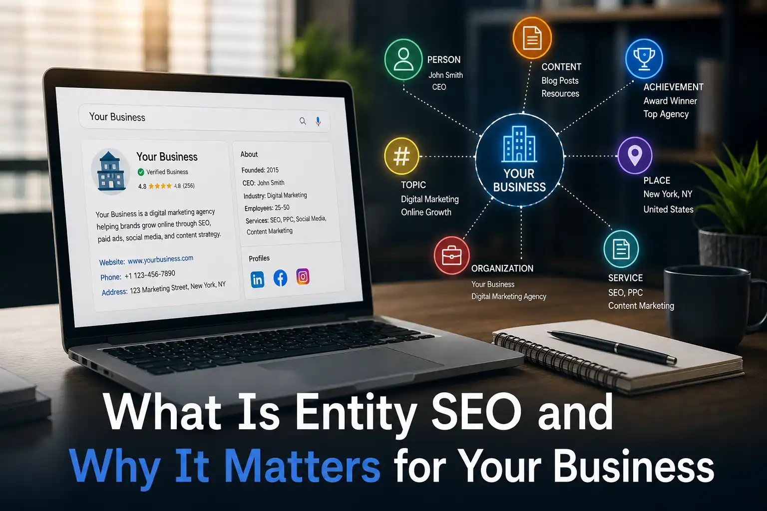 Entity SEO visualization showing a business entity connected to related entities such as people, services, locations, content, topics, and achievements, helping search engines better understand and rank a business online.