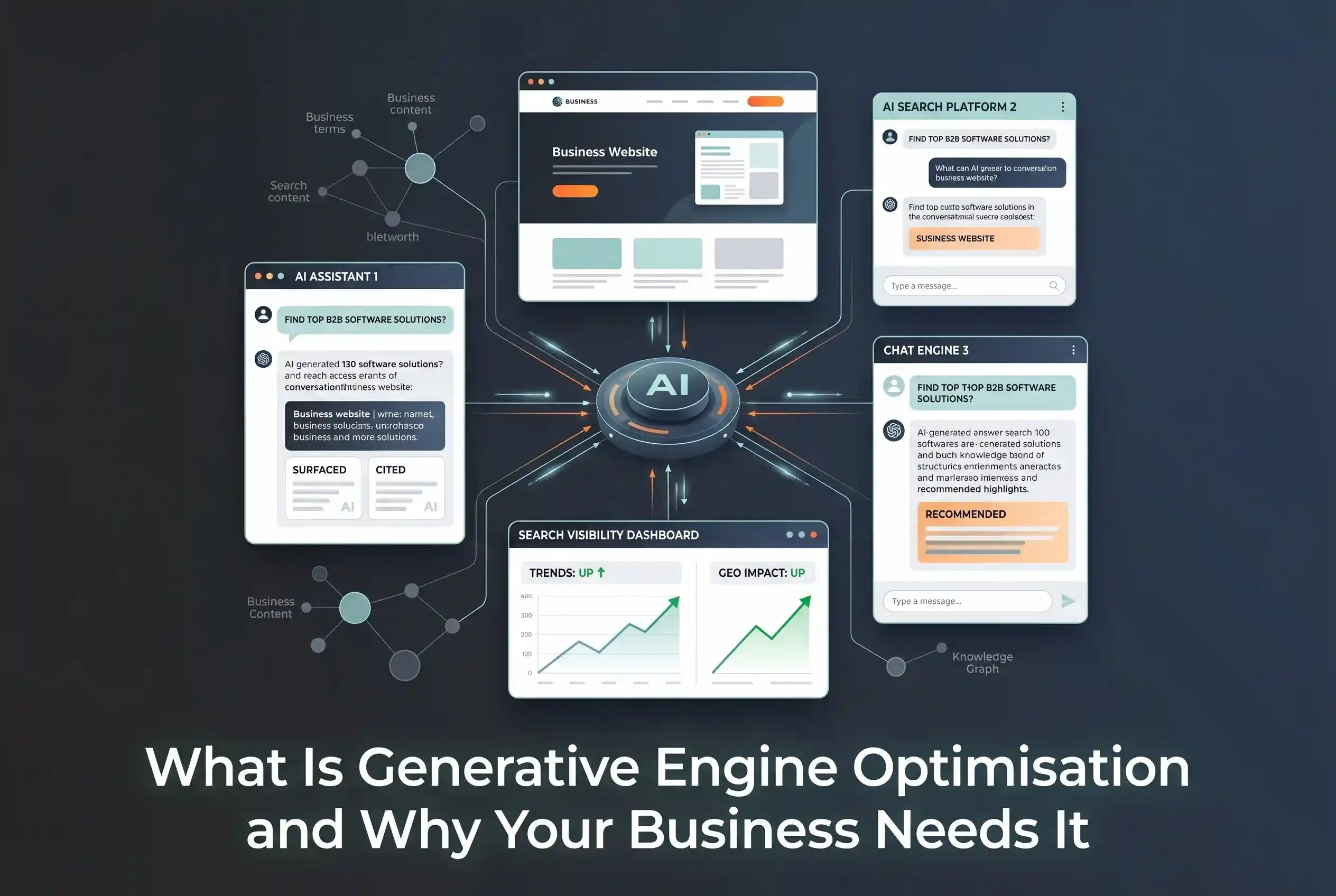 Generative Engine Optimisation (GEO) concept showing a business website being discovered and cited by AI-powered search platforms, with conversational search results, AI-generated answers, and digital visibility indicators improving online discoverability.
