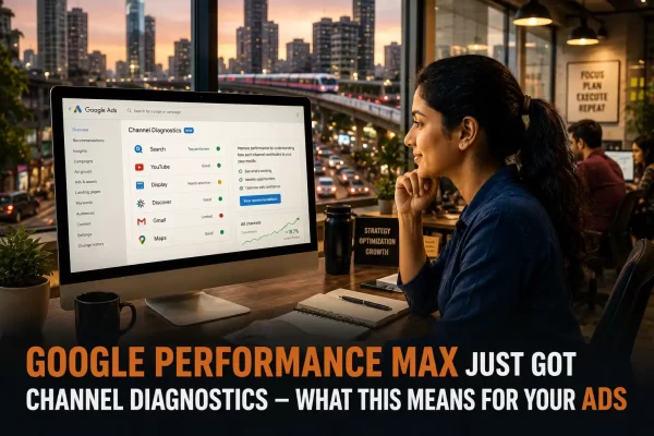 Google Performance Max Google Performance Max Channel Diagnostics dashboard displayed on a desktop monitor as an Indian digital marketer analyzes campaign performance across Google Ads channels.