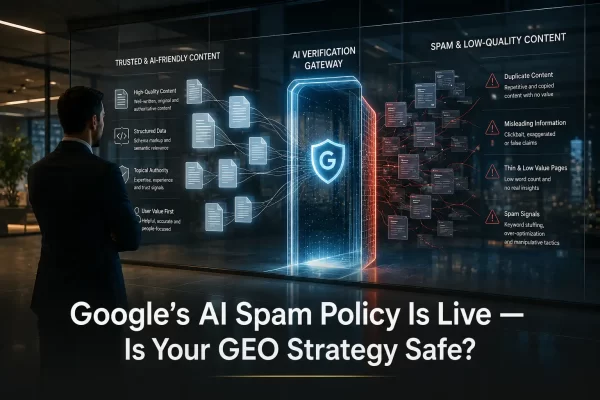 Googlr’s AI Spam Policy Featured image illustrating Google’s AI Spam Policy evaluating trusted and low-quality website content through an AI verification process. Visual representation of Google’s AI Spam Policy and its impact on GEO strategy, AI search visibility, and website content quality.